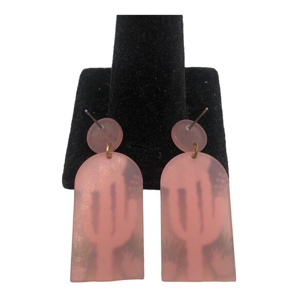 Prickly Pear Cactus Scene Post Dangle Earrings, Lightweight, Pink, Green,  Blue - Picture 4 of 5